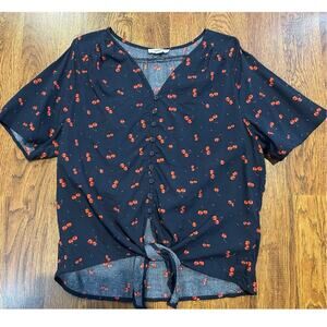 Beach Lunch Lounge Cherry Print Tie Front Blouse Blue Women’s Large Button Up